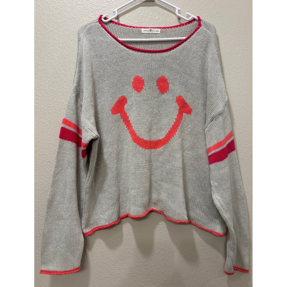 Natural Life Sweater Womens L/XL Gray Smiley Lagenlook Chunky Oversized Boho